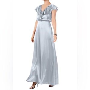 NWOT Elegant Silver Ruffle V-Neck Maxi Dress, Size 10